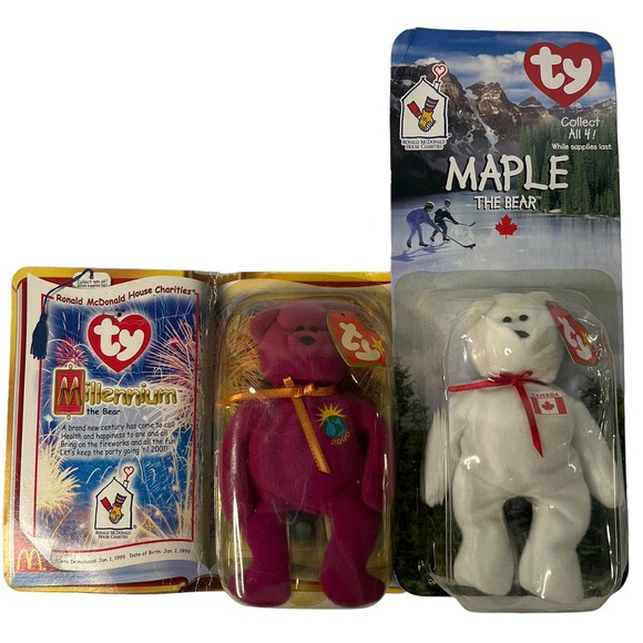 Ty Beanie Babies, Set of 2 Ronald McDonald Ty Bears, Millennium & Maple - Picture 1 of 8